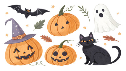 Halloween clipart pack with carved pumpkins, witch hats, spooky ghosts, bats, black cats, isolated on transparent background, PNG set