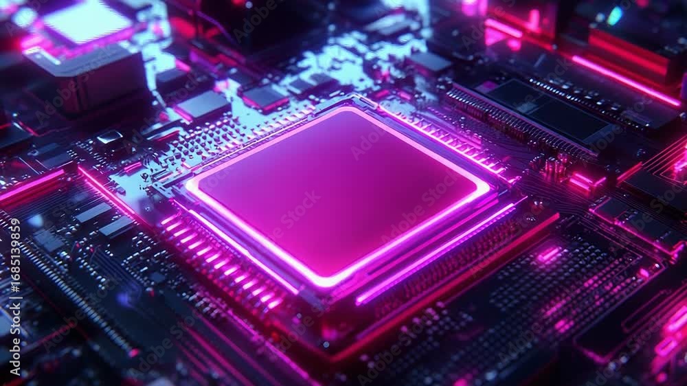 Poster quantum computing processor sending data through futuristic motherboard circuitry
