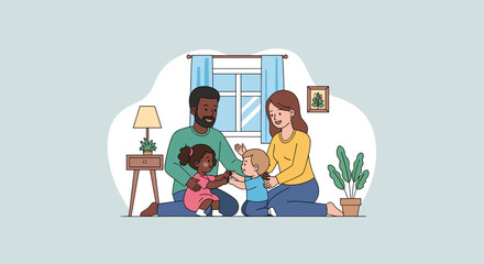 Happy diverse family playing with their children at home, depicting joy, love, and togetherness in a modern domestic setting.
