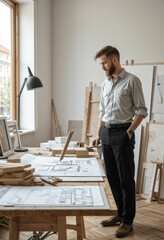Focused male architect standing at his desk reviewing construction blueprints in a bright workshop