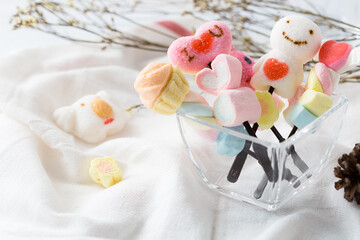 Colorful Marshmallow Treats Presented in a Clear Glass Bowl