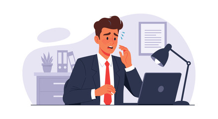 Businessman experiencing stress and anxiety at his office desk while working on a laptop, symbolizing work pressure or a challenging deadline.