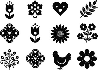 Black silhouette floral icons, heart motifs, nature elements, decorative vector set, symmetrical folk art design, tulip, daisy, chicken, bouquet, clover