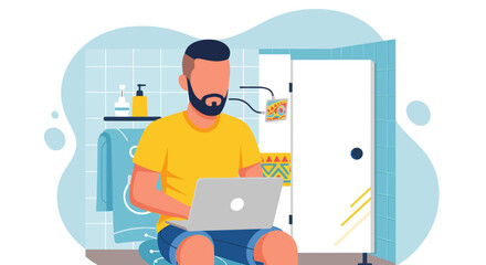 Man working on laptop in a bathroom, illustrating remote work, work-life flexibility, and unconventional office settings in a modern lifestyle.