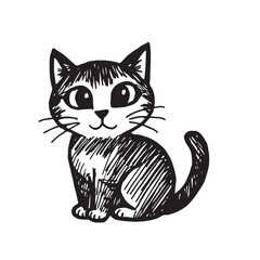 Cat Doodle Black and White Illustration Vector Image Cute Kitten Sketch Line Art Drawing Silhouette
