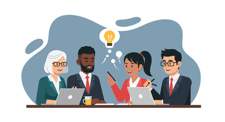 Diverse business team collaborating in a meeting, brainstorming new ideas with laptops. Represents teamwork, innovation, and professional discussion.