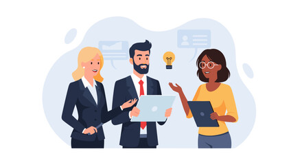 Three diverse business professionals collaborate, sharing ideas and strategies in an office setting. Represents teamwork, innovation, and digital communication for business growth.
