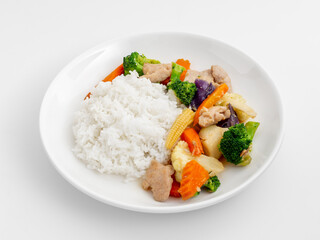 Fresh Vegetable Stir-Fry with Chicken and Steamed Rice on White Plate