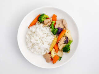 Fresh Stir-Fried Chicken and Vegetables with White Rice Bowl