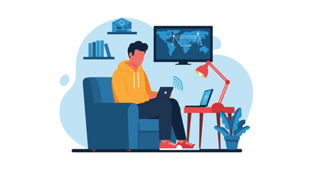 Young man comfortably working remotely from home using a laptop and tablet. Concepts of global connectivity, freelance work, and modern lifestyle.