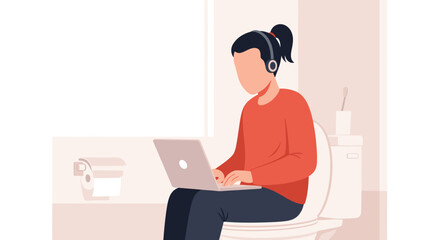 Person working remotely from a toilet with laptop and headphones, illustrating modern work-from-home lifestyle, flexible schedules, and unconventional workspaces.