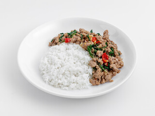 Delicious Plate of Stir-Fried Meat with Rice on White Background
