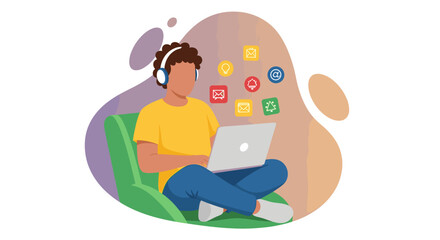 Young person with headphones focused on a laptop, with floating digital icons representing online communication, work, and ideas. Ideal for remote productivity.