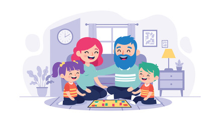 Happy family parents and children playing a board game together in a cozy living room. Captures joy, bonding, and quality family time at home.