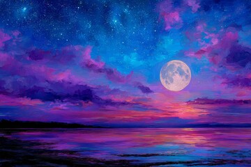A vibrant, painted landscape showcases a serene coastal scene under a moonlit sky, filled with starry hues of purple, pink, and blue.