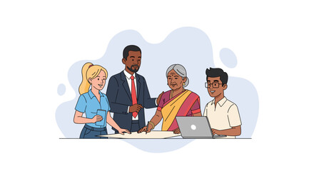 Diverse team collaborating on a project in a business meeting. Professionals from different backgrounds working together, showing teamwork and inclusion.