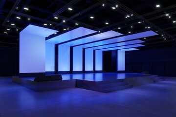 Empty stage Design for mockup and Corporate identity,Display.Platform elements in hall.Blank screen system for Graphic Resources.Scene event led night light staging.3d Background for online.3 render.