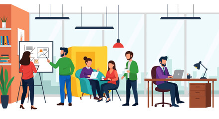 Diverse business team collaborating and working efficiently in a vibrant, modern office environment. Represents teamwork, innovation, and corporate productivity.