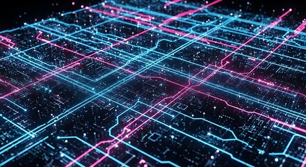 Abstract visualization of a digital network or circuit board with glowing blue and pink lines representing data flow and connections