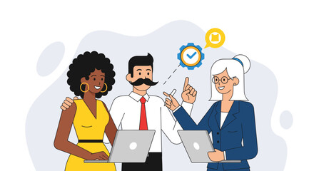 Professional diverse business team collaborating with laptops, symbolizing teamwork, task completion, and successful project delivery.