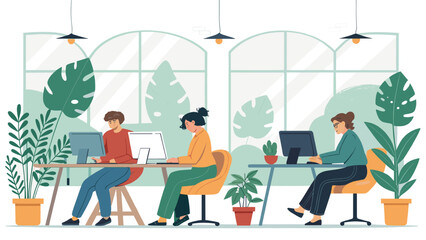 Three diverse people work productively on computers in a bright, modern, plant-filled office, perfect for business or wellness concepts.