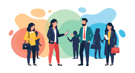 Diverse business professionals interact and network in a dynamic corporate environment, highlighting communication and collaboration. Ideal for business concepts.
