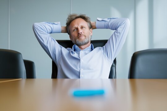 Senior executive man leaning back in office chair, hands behind head, staring at ceiling with stressed expression. Business fatigue, leadership burnout, mental overload in corporate environment