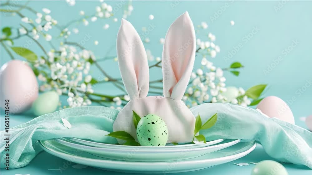 Poster a table with a plate of food and a napkin with a rabbit on it
