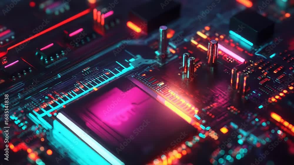 Poster quantum computing processor performing complex calculations on futuristic circuit board