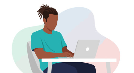 Focused individual with dreadlocks using a laptop at a desk. Ideal for concepts of remote work, online education, and digital productivity.
