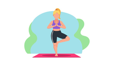 Woman in tree pose on yoga mat, demonstrating balance and mindfulness. Ideal for health, wellness, fitness, or relaxation concepts.