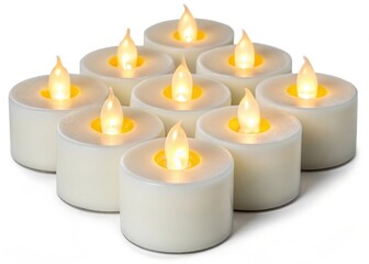 A group of ten white led tea light candles with flickering yellow flames arranged in a pyramid shape