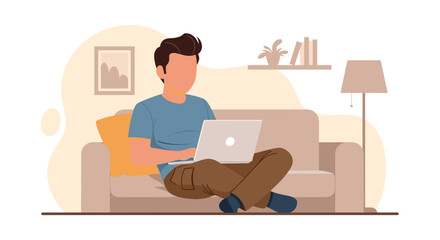 Young man comfortably working from home on his laptop on a sofa, embodying concepts of remote work, online learning, and digital lifestyle.
