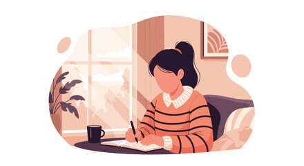 Fototapeta premium Young woman focused on writing in a notebook at home, bathed in natural light. Perfect for concepts of study, journaling, productivity, or remote work lifestyle.