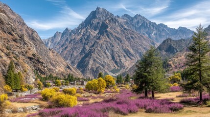 Majestic mountain range with vibrant wildflowers serene valley nature photography tranquil landscape elevated perspective