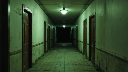 Creepy, dark, and abandoned hallway in a haunted building. Eerie horror scene with a long corridor leading to darkness, concept for fear and mystery. - Powered by Adobe