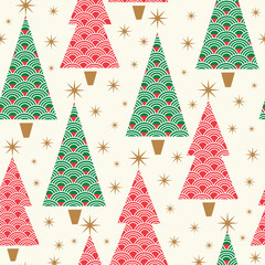 Seamless Pattern of Christmas Tree  Modern and Stars. Red, Green, Gold- Christmas Tree Vector Illustration