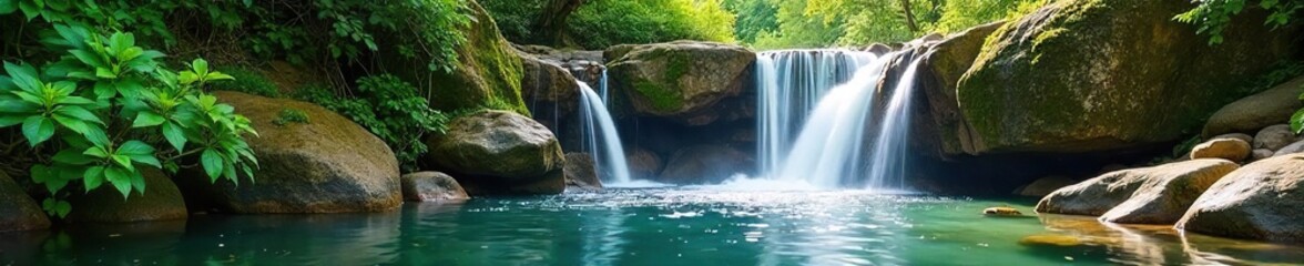 Fototapeta premium Refreshing summer waterfall cascading over mossy rocks into a crystal-clear pool, surrounded by lush green foliage Perfect for travel, nature, and relaxation themes , flowing water, journey