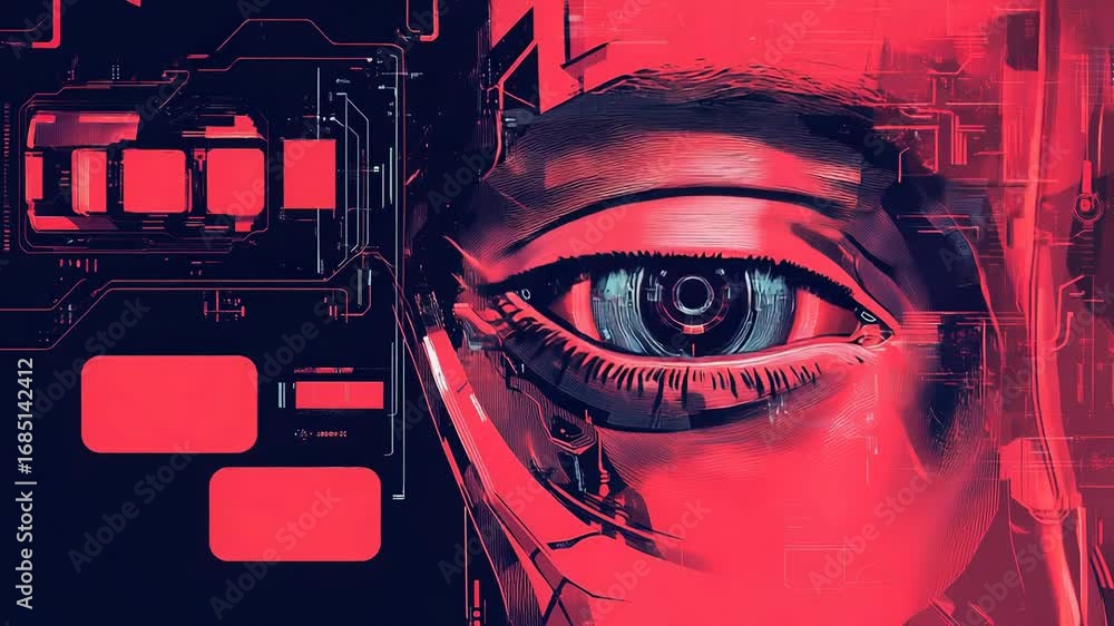 Poster artificial intelligence eye scanning face with circuit board pattern