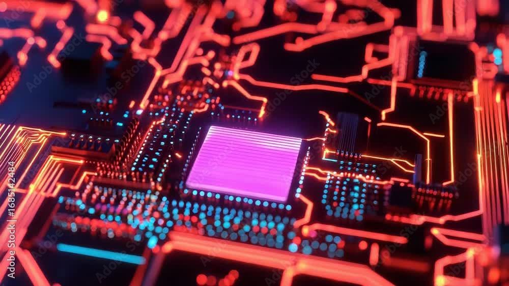 Poster futuristic glowing cpu performing complex calculations on motherboard