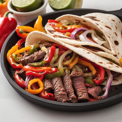 Juicy beef fajitas served with grilled peppers, onions, and spices, isolated on white background.
