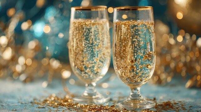 Two champagne glasses with confetti and lights concept. Two elegant glasses with sparkling beverage and gold accents.