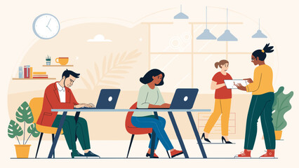 Diverse team collaborating in a modern office, focused on productivity and teamwork. Ideal for business, technology, and corporate culture concepts.