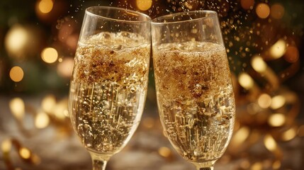 Two champagne glasses with confetti and lights concept. Toast with sparkling champagne in elegant glasses, celebration moment.