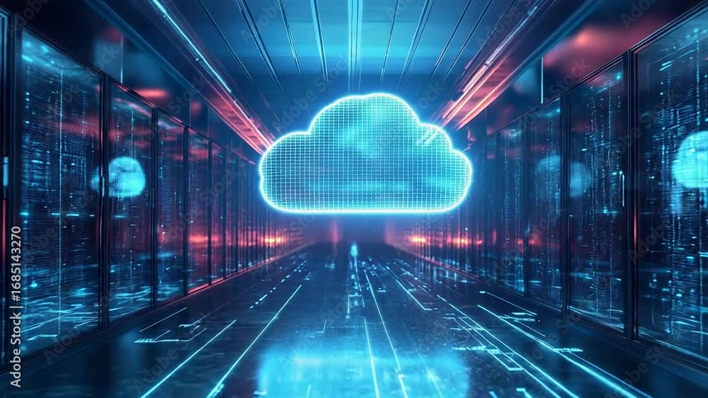 Poster cloud computing inside server room hosting big data, futuristic technology processing information