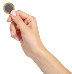hand holding a coin isolated on white background