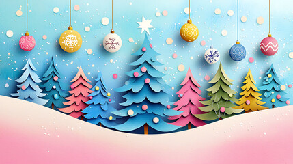 A festive winter holiday banner featuring a forest of colorful papercraft Christmas trees on a snowy landscape with hanging ornaments and a bright star