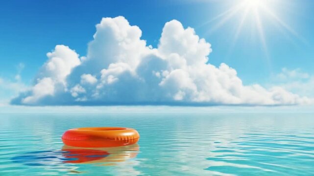 Orange floatie ring on calm water under a bright sun and cloudy blue sky in a serene summer scene