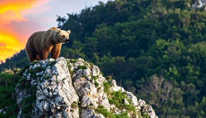 Brown bear atop a rocky mountain peak at sunset