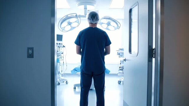 Focused surgeon in blue scrubs stands at the entrance to a high-tech operating room, prepared for a complex medical surgery
